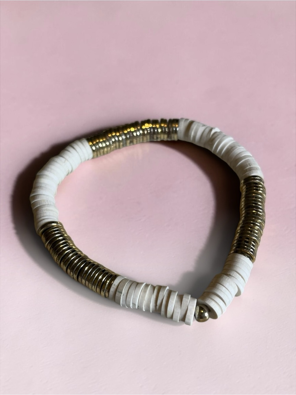 🍭5 for $20🍭 White and Gold Tone Heishi Disk Beaded Stretch Bracelet CC X